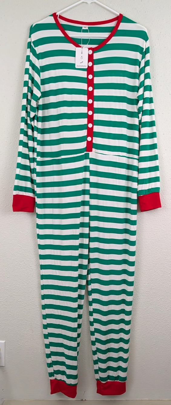 New Swomog sz XL One Piece Pajama Jumpsuit green white red stripes stretchy 2642
